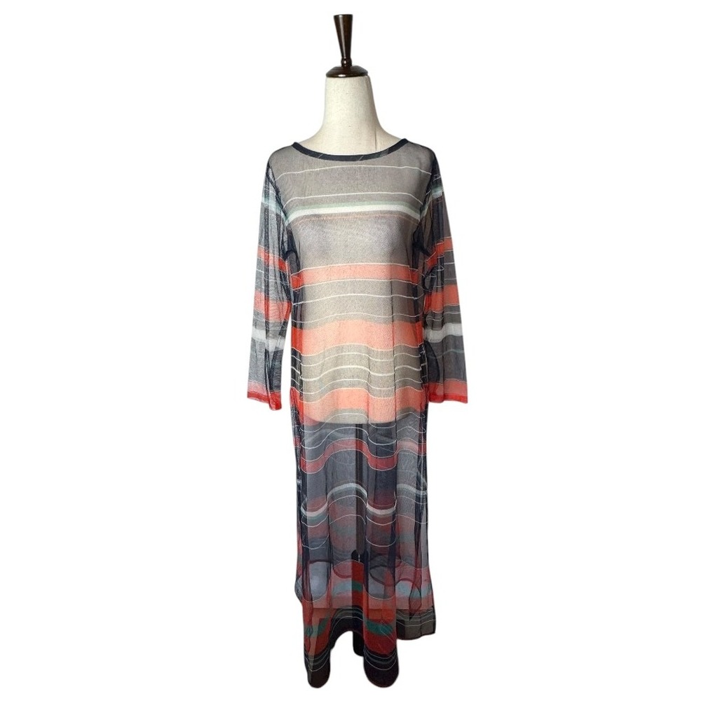 LULUSAR Dress‎ Women Medium Blue Red Sheer Striped Maxi Dress Mesh Cover Up
